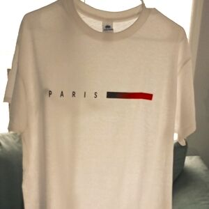 Paris Tee Shirt In White With Red And Black Stripe. New,